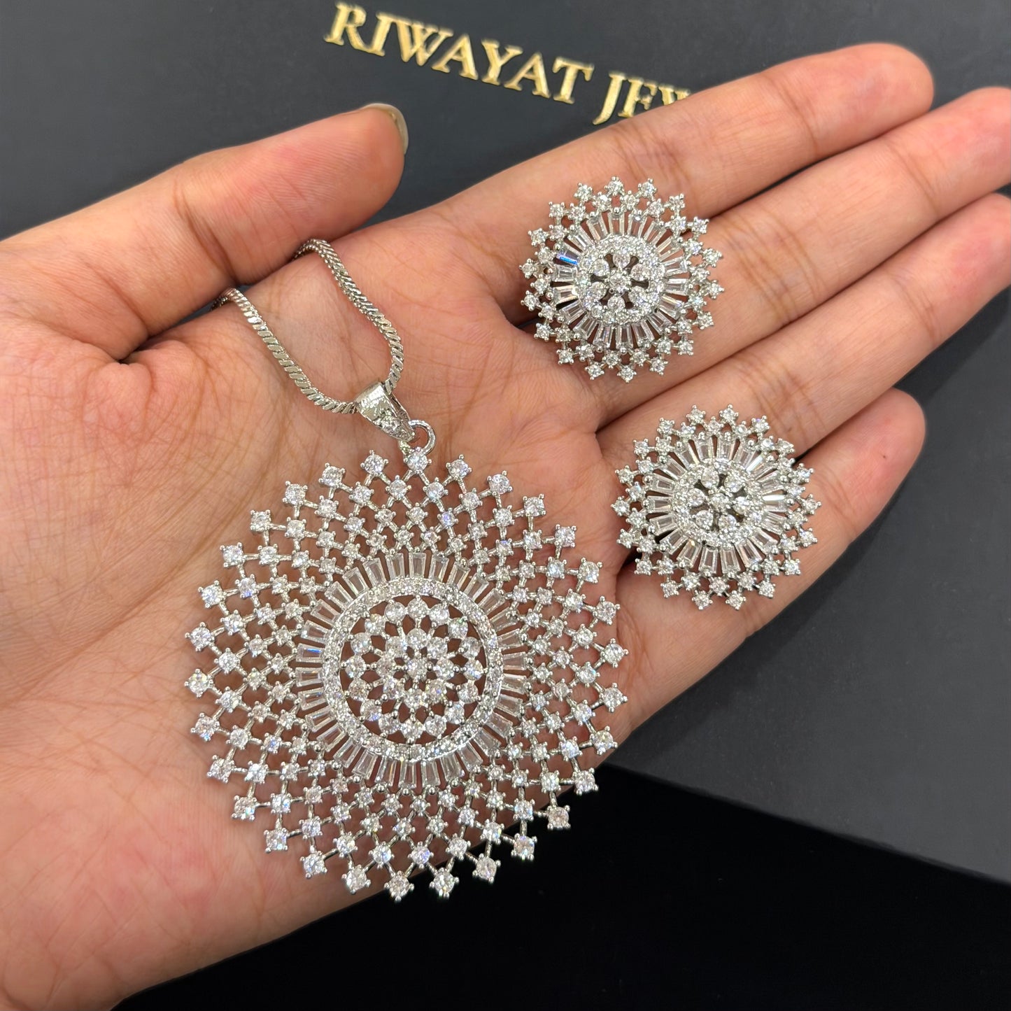 Floral Sphere American Diamond Pendant Set