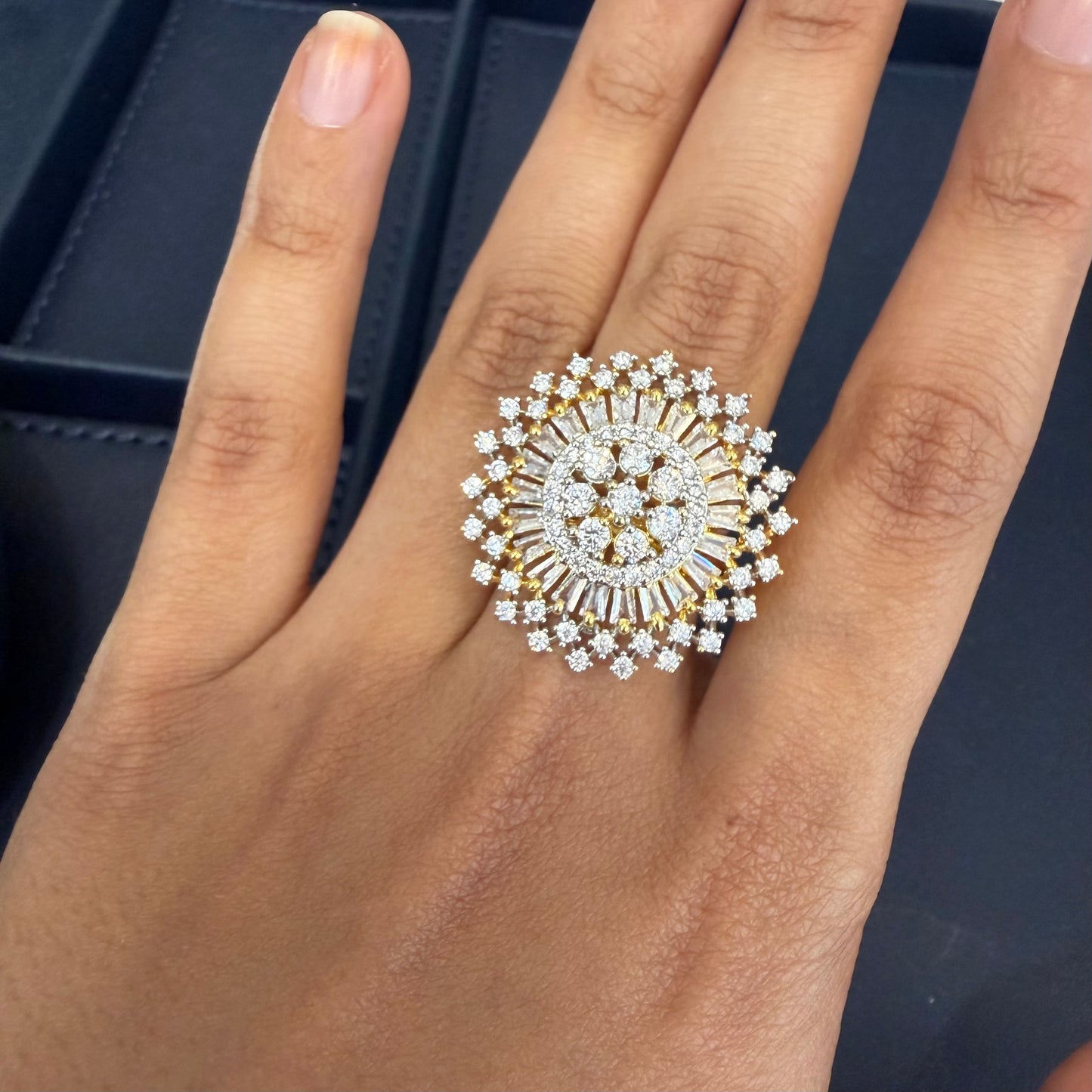 Floral Sphere American Diamond Pendant with Earrings, chain and Ring