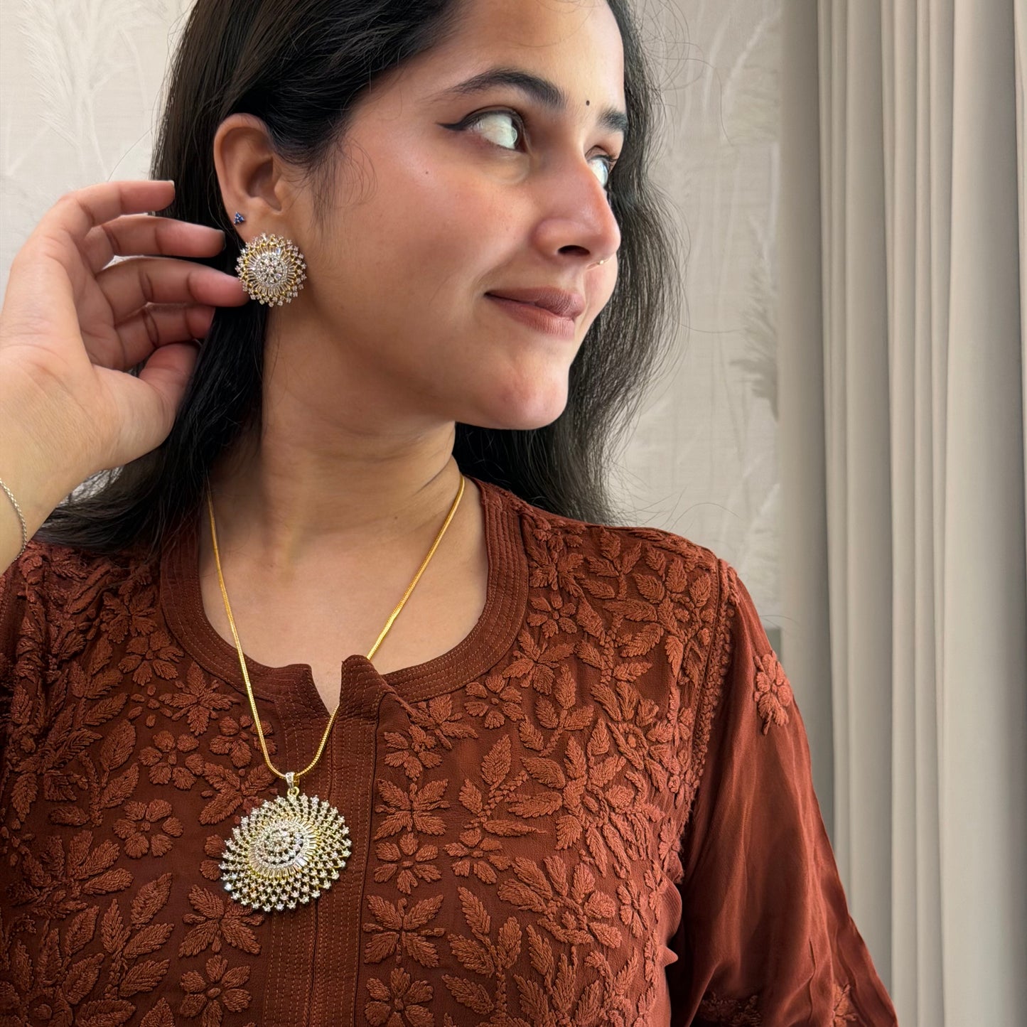 Floral Sphere American Diamond Pendant with Earrings & Chain