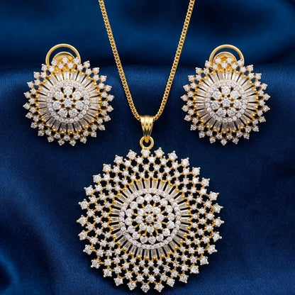 Floral Sphere American Diamond Pendant with Earrings & Chain