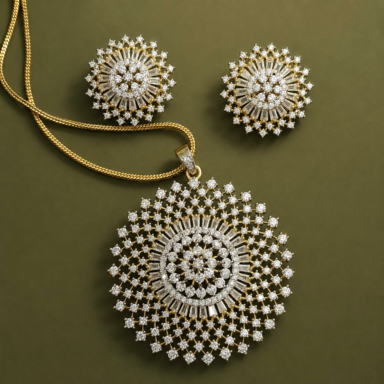 Floral Sphere American Diamond Pendant Set