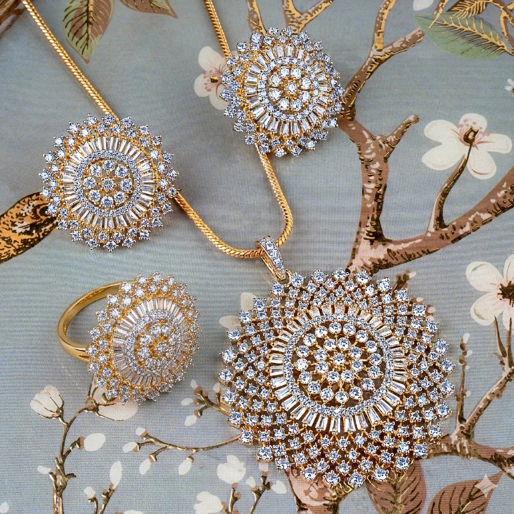 Floral Sphere American Diamond Pendant with Earrings, chain and Ring