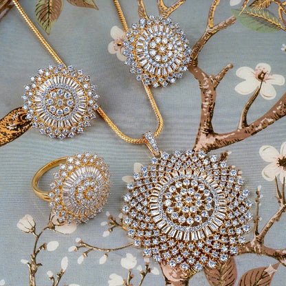 Floral Sphere American Diamond Pendant with Earrings, chain and Ring