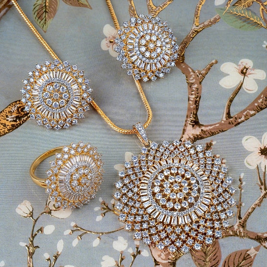 Floral Sphere American Diamond Pendant with Earrings, chain and Ring