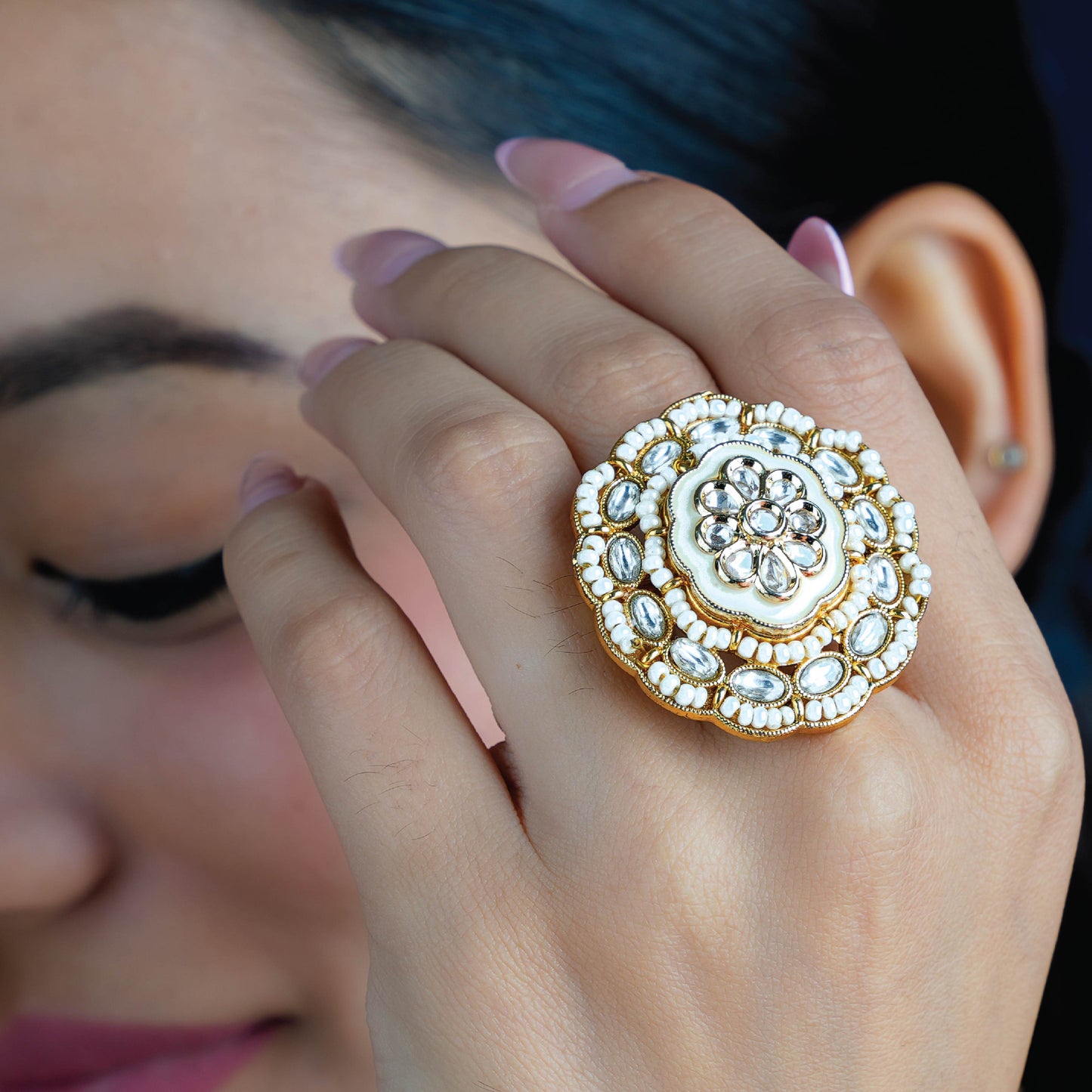 Ivory Bloom Kundan Ring