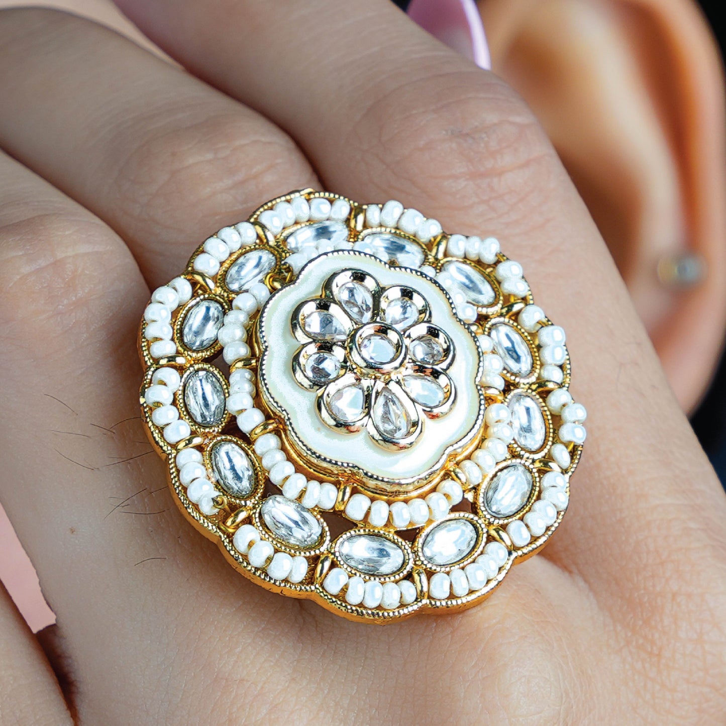 Ivory Bloom Kundan Ring