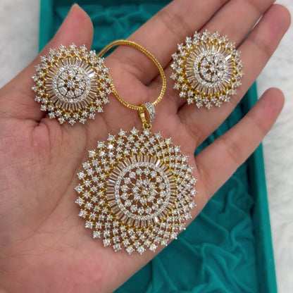 Floral Sphere American Diamond Pendant with Earrings & Chain
